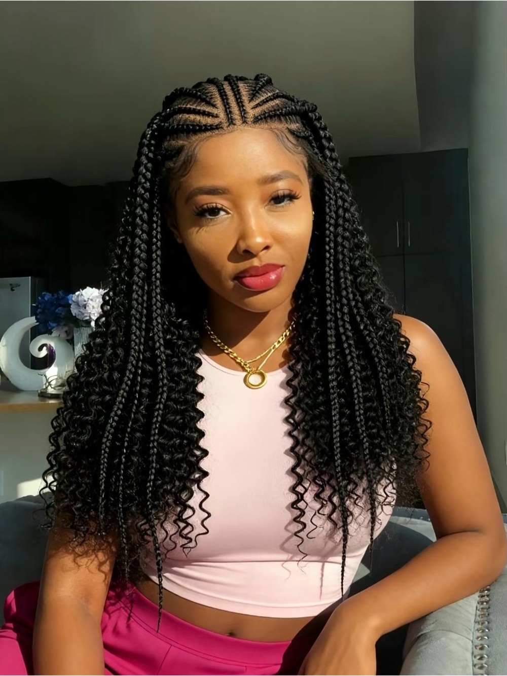 Braided curly wigs Synthetic Half Cornrows Half Curly Wigs 22 inch